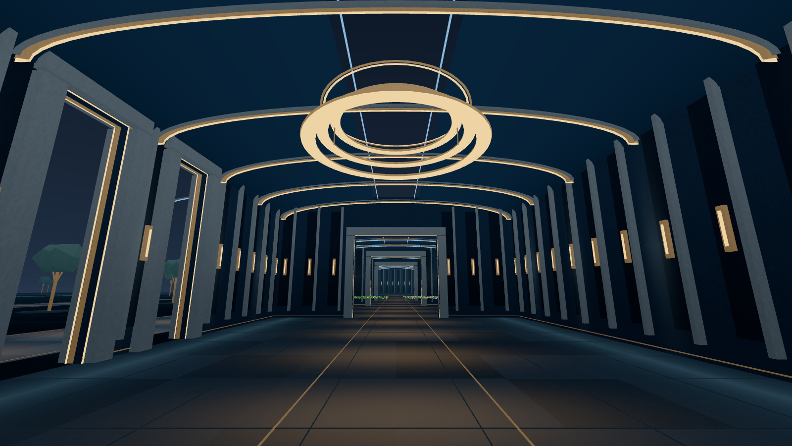 Browser capture of weichselmind’s local demo: dark mineral walls, lit portals, and distant synthetic particles.